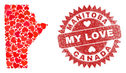 Vector collage Manitoba Province map of love heart elements and grunge My Love seal stamp. Mosaic geographic Manitoba Province map designed with love hearts.
