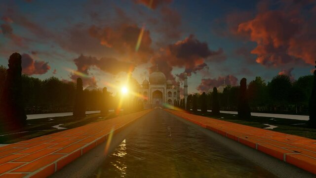 Taj Mahal temple in sunset time, close upv