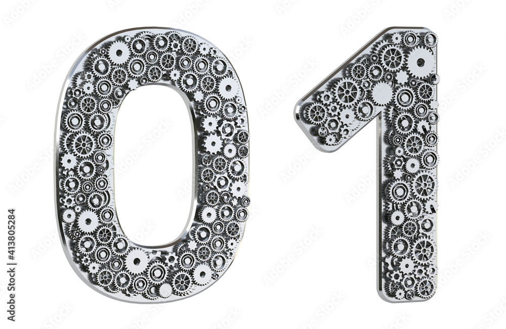 Poster gear number made from realistic metal isolated on white background. mechanical concept. set of numbe