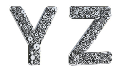 Gear alphabet made from realistic metal isolated on white background. Mechanical concept. Set of letters Y & Z. 3D rendering.