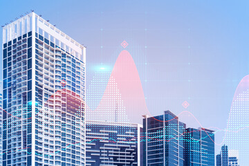 Tops of glass and steel skyscrapers of downtown, UAE at sunny day. Building exteriors of the capital of the Emirate of Dubai. FOREX graph. Double exposure. A trading hub of Western Asia.