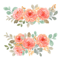 Pink orange roses bouquet collection with watercolor