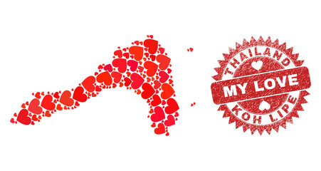 Vector mosaic Koh Lipe map of lovely heart elements and grunge My Love badge. Mosaic geographic Koh Lipe map designed with valentine hearts.