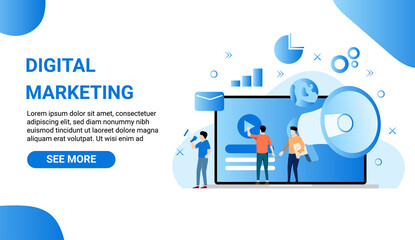 Computer display with big megaphone and working people