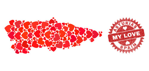 Vector collage Asturias Province map of valentine heart items and grunge My Love stamp. Collage geographic Asturias Province map designed using lovely hearts.