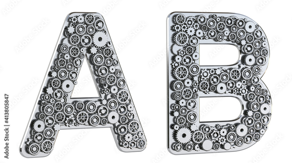 Fototapete gear alphabet made from realistic metal isolated on white background. mechanical concept. set of let