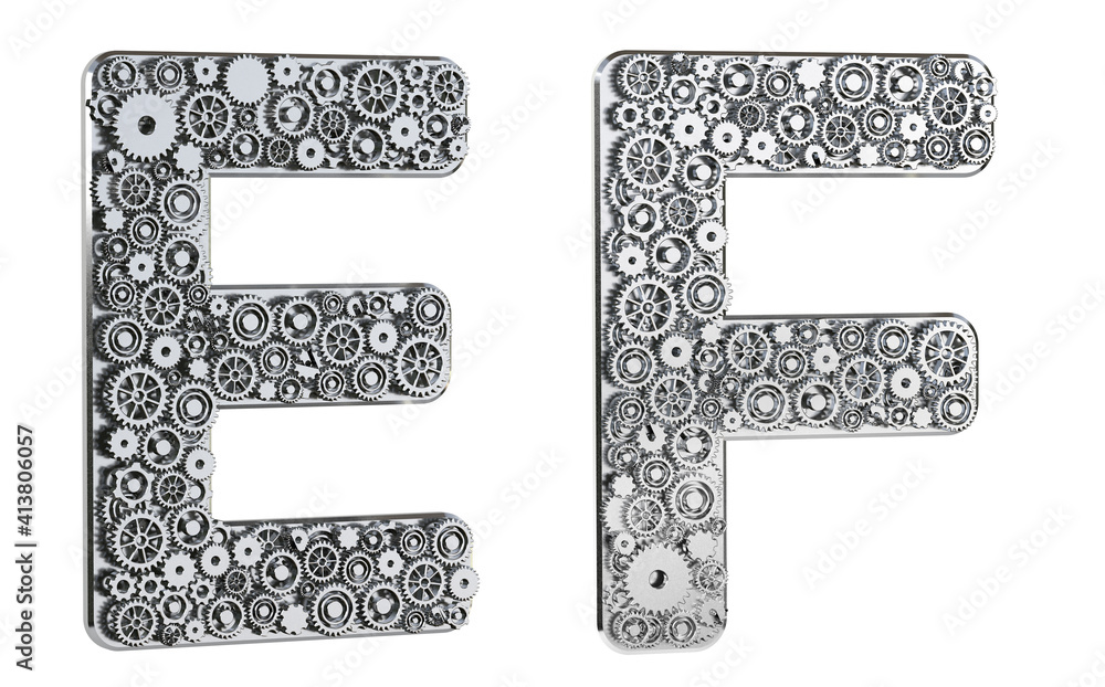 Fototapete gear alphabet made from realistic metal isolated on white background. mechanical concept. set of let