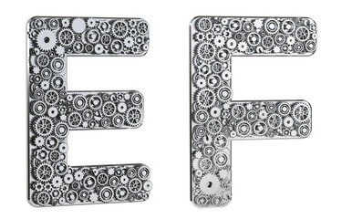 Gear alphabet made from realistic metal isolated on white background. Mechanical concept. Set of letters E & F. 3D rendering.