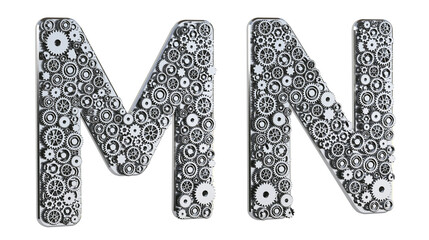 Gear alphabet made from realistic metal isolated on white background. Mechanical concept. Set of letters M & N. 3D rendering.
