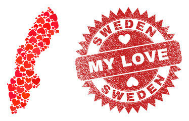 Vector mosaic Sweden map of lovely heart elements and grunge My Love seal stamp. Mosaic geographic Sweden map designed using lovely hearts.