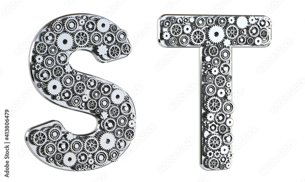 Fototapete gear alphabet made from realistic metal isolated on white background. mechanical concept. set of let