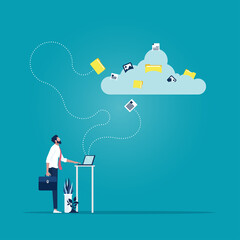 Cloud networking concept, servers and Technology, Businessman launching a document to a cloud where there are more documents, data and file, Cloud computing