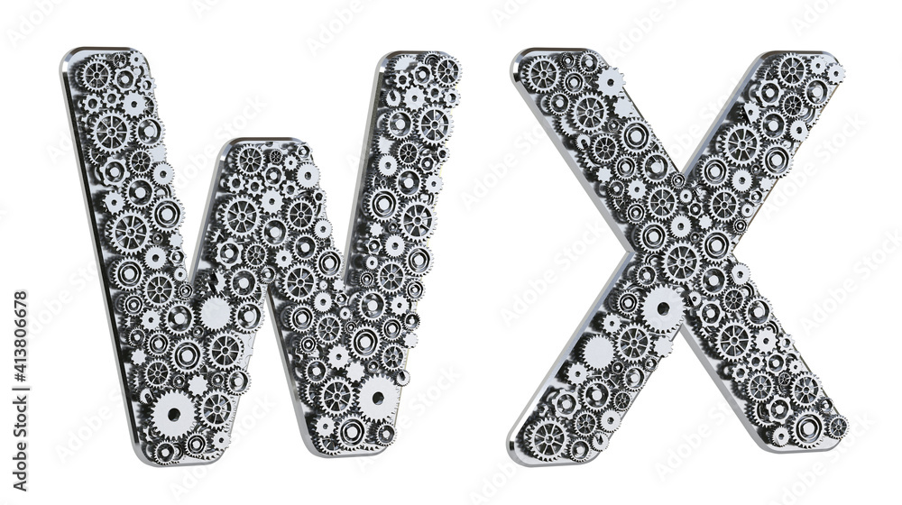 Fototapete gear alphabet made from realistic metal isolated on white background. mechanical concept. set of let