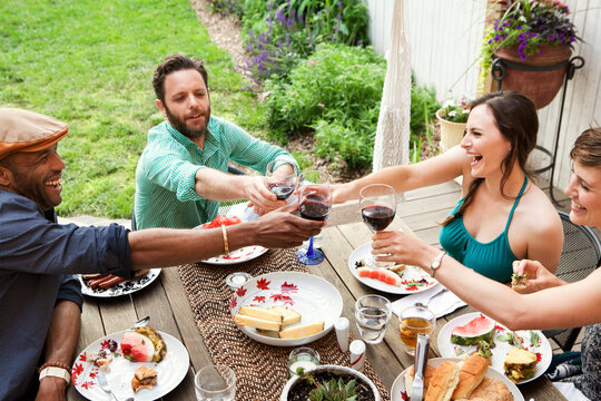 High angle view of friends toasting wineglasses while sitting at table in yard