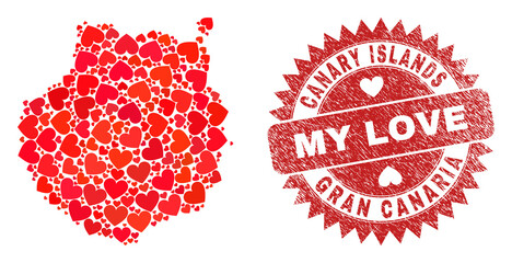 Vector mosaic Gran Canaria map of love heart elements and grunge My Love seal. Mosaic geographic Gran Canaria map constructed using valentine hearts.
