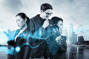 Group of business colleagues working on new venture capital and hi-tech start up and try to...