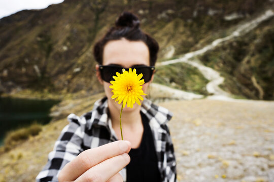 Woman holding yellow dandelion against face on field