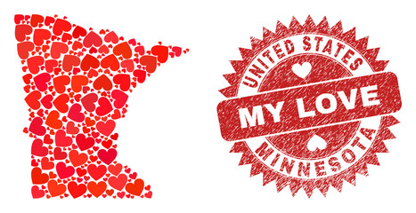 Vector collage Minnesota State map of valentine heart elements and grunge My Love stamp. Collage geographic Minnesota State map designed with valentine hearts.