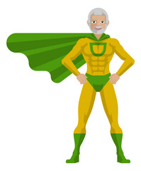 A mature superhero cartoon mascot man in his green and yellow super hero costume compete with cape in a flat modern cartoon style