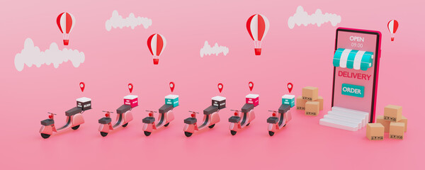 Online delivery services concept,Shopping online on mobile application,transportation fast scooter,motorcycle,E-commerce concept,smartphone pink background,cardboard box mockup,3d render illustration