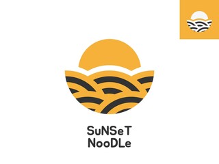 Sunset and Noodle Logo. Combination. Yellow Noodles. Noodles and Meatball Design Illustration. looks like a bowl