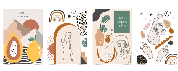 Collection of contemporary background set with woman,shape,rainbow.Editable vector illustration for website, invitation,postcard and poster