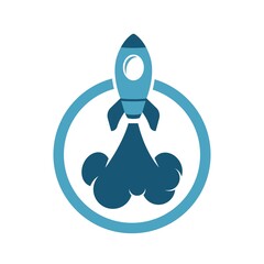 flying rocket logo icon design. blue spaceship emits smoke with a circle frame