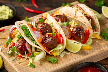 Meat free beetroot and pea protein meatballs taco wraps with avocado guacamole, sweet chilli sauce and lime wedges