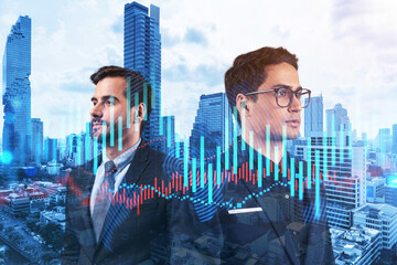 Two entrepreneurs in suits pondering about new venture capital and hi-tech start up and try to...