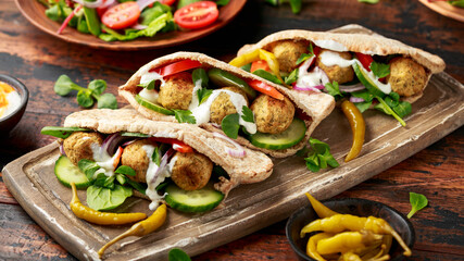 Vegetarian Chickpea falafel pita bread with pickled chilies and fresh salad. healthy vegan food.