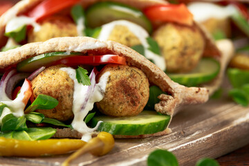 Vegetarian Chickpea falafel pita bread with pickled chilies and fresh salad. healthy vegan food.