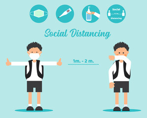 NEW NORMAL AFTER COVID CONCEPT: There is a student boy wears face mask and a boy who doesn't wear face mask, he must sneeze into his elbow. with four signs, wear face mask, clean your hands, 