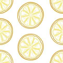 Fresh Lemon slices seamless pattern. Crayon Hand drawn fresh tropical fruit. Orange and Yellow sketch background. Colorful doodle wallpaper.