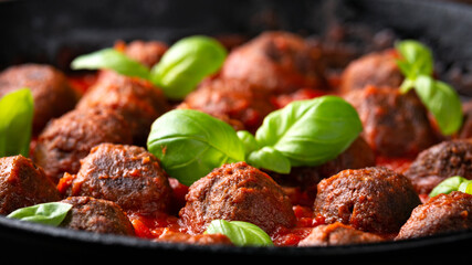 Vegetarian spaghetti with meat free, vegan meatballs in rich tomato sauce in iron cast pan