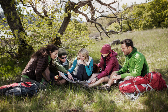Happy friends looking at map while sitting on grassy field