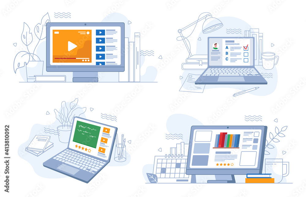 Poster Online webinars trainings and work, e-learning set, flat cartoon. Vector video tutorials, tests on distance education, rating knowledge marks, studying and learning using modern computer technologies