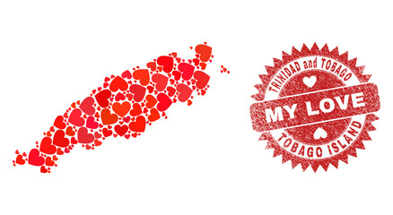 Vector mosaic Tobago Island map of lovely heart elements and grunge My Love seal stamp. Mosaic geographic Tobago Island map designed with love hearts.