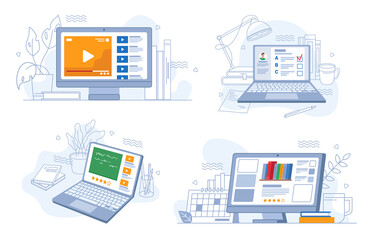Online webinars trainings and work, e-learning set, flat cartoon. Vector video tutorials, tests on distance education, rating knowledge marks, studying and learning using modern computer technologies