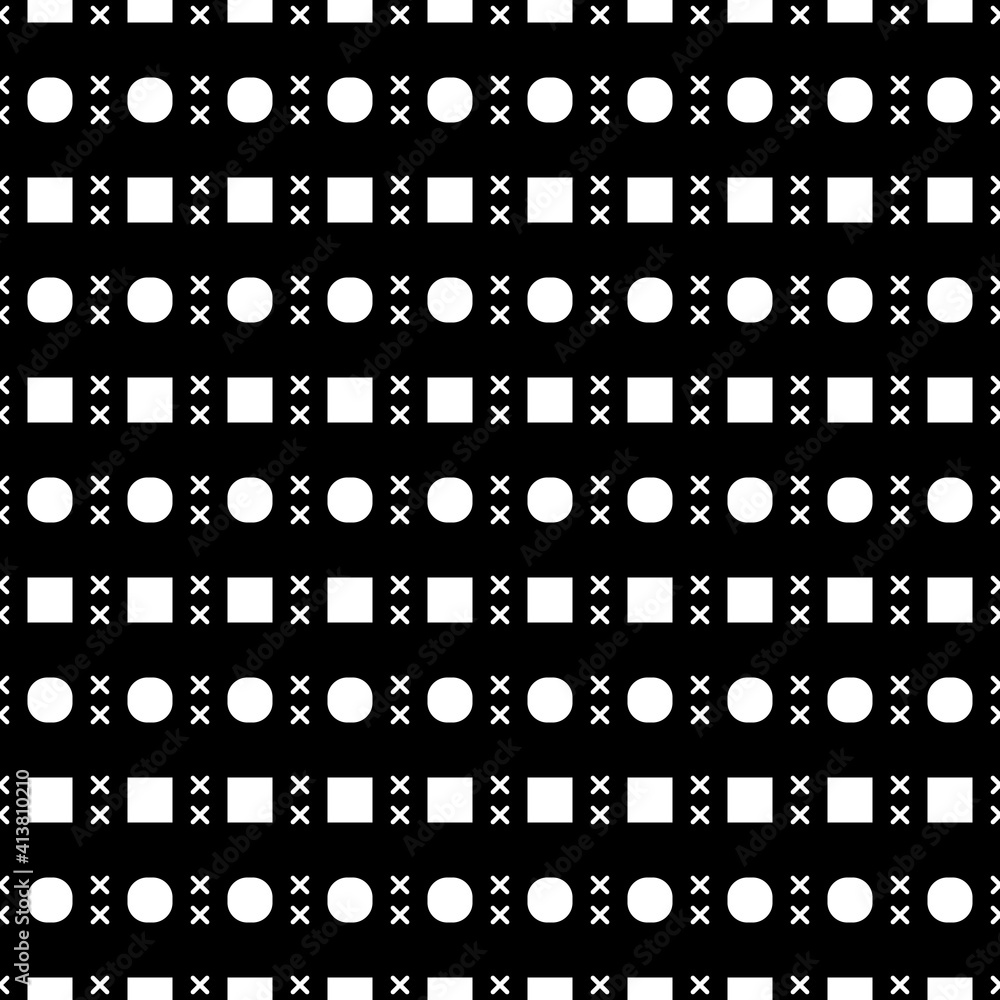 Poster black background. squares circles crosses. pattern. squares circles crosses pattern.