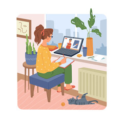 Online education, woman student at home studying learning on computer, distance education in flat. Vector cartoon girl sitting on chair near laptop and making notes, cat pet lying on floor, window