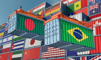 Freight containers with Brazil and Bangladesh flag. 3D Rendering 