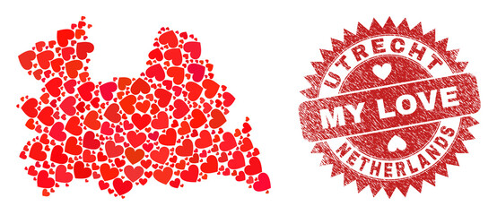 Vector collage Utrecht Province map of lovely heart elements and grunge My Love seal stamp. Collage geographic Utrecht Province map created with lovely hearts.