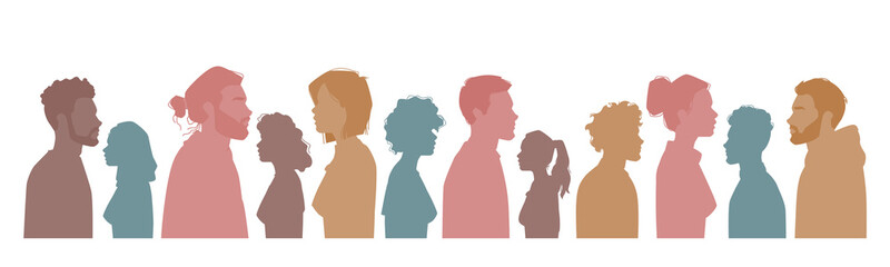 Diverse people silhouettes, multiracial, multicultural crowd of men and women, side view portraits. Vector group of caucasian, afro american citizens. Multi-ethnic popularity, equality, togetherness