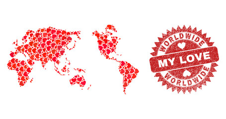 Vector collage worldwide map of lovely heart items and grunge My Love seal stamp. Collage geographic worldwide map created using love hearts.