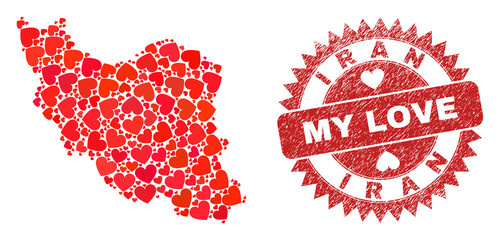 Vector collage Iran map of lovely heart elements and grunge My Love stamp. Collage geographic Iran map designed with love hearts. Red rosette stamp with grunge rubber texture and my love tag.