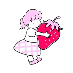 いちごを抱きかかえる小さな女の子のイラスト