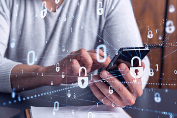 A programmer is browsing the Internet in smart phone to protect a cyber security from hacker...