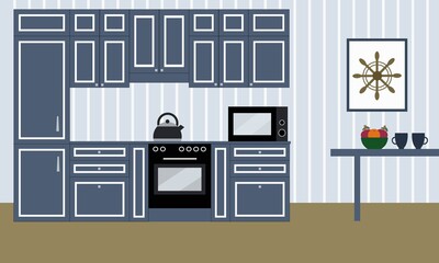 Kitchen white and blue marine interior with furniture. Flat house decor illustration.