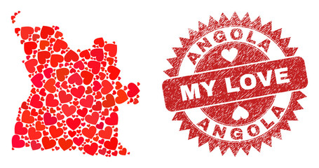 Vector mosaic Angola map of love heart items and grunge My Love stamp. Collage geographic Angola map constructed with valentine hearts.