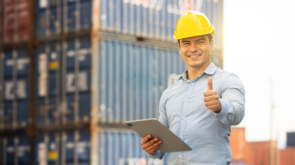 Businessman worker factory thumbs up and inspecting the containers , Smiley face and holding ipad